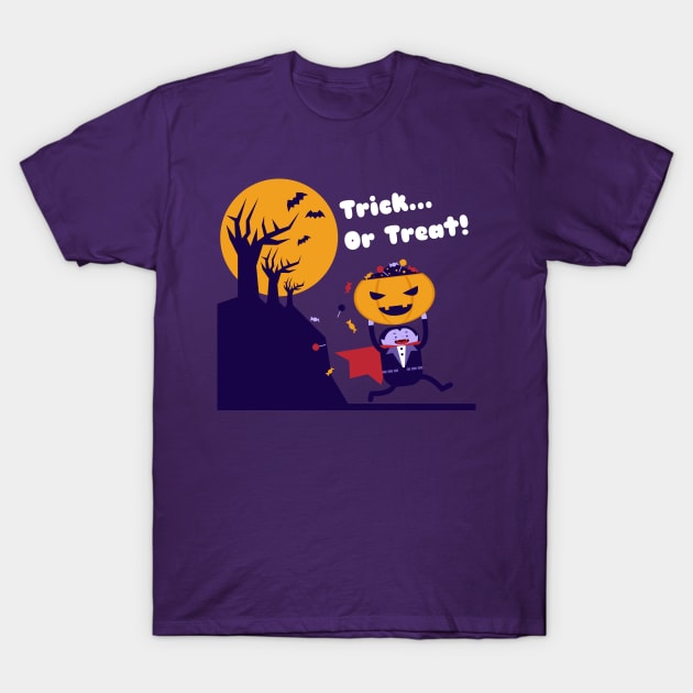 Cute Dracula running bring a lot of candy on Halloween Jack O Lantern. T-Shirt by erwinwira